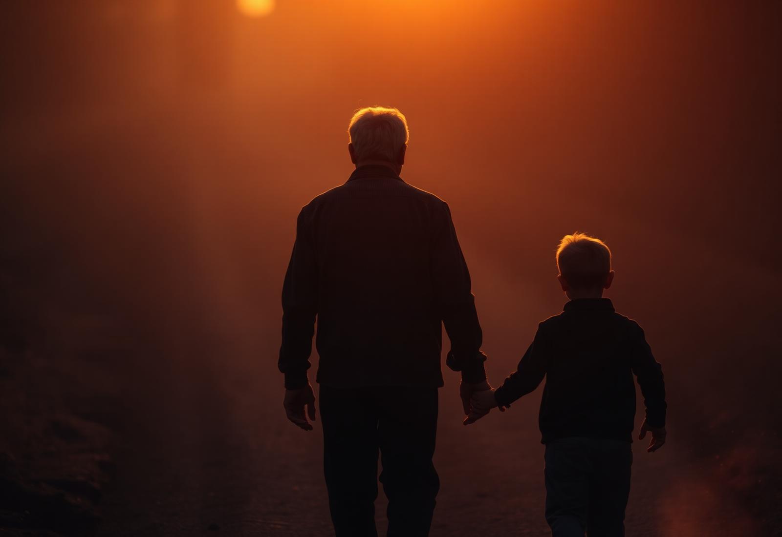 A father walking with his son at sunset